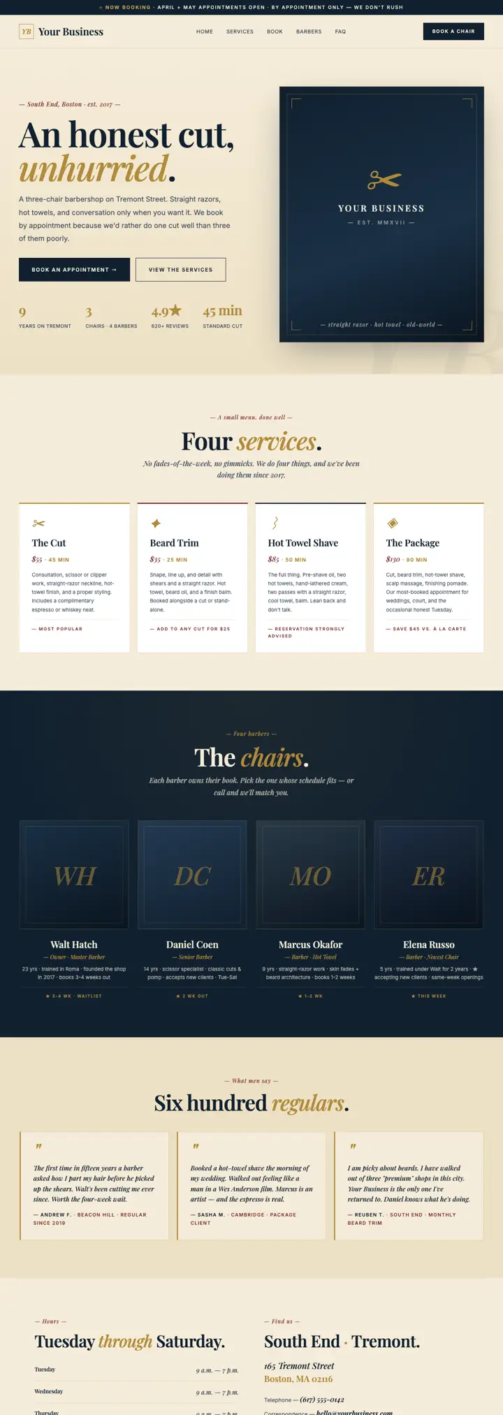 Boutique barbershop website template from the DesignSnipe shop, full page