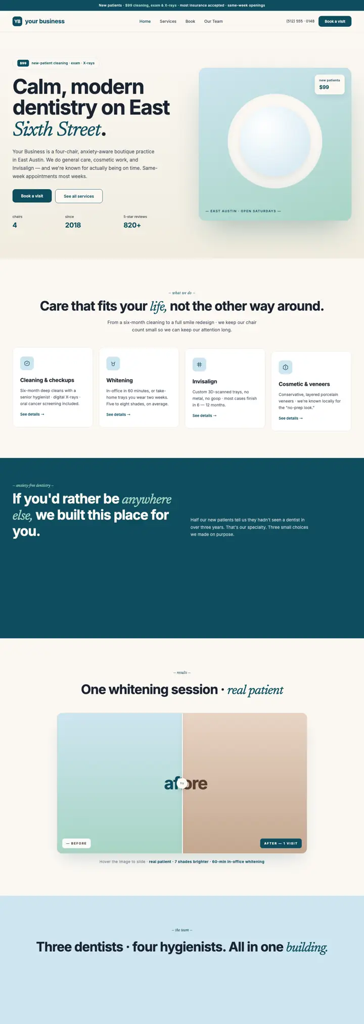 Boutique dental practice website template from the DesignSnipe shop, full page