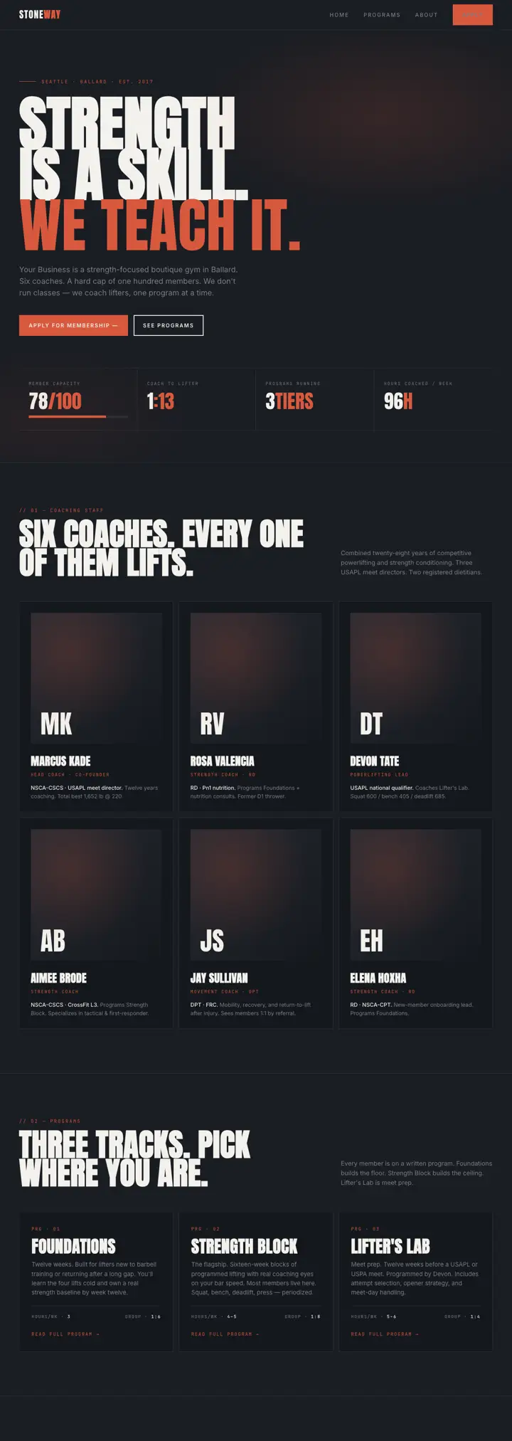 Strength gym website template from the DesignSnipe shop, full page