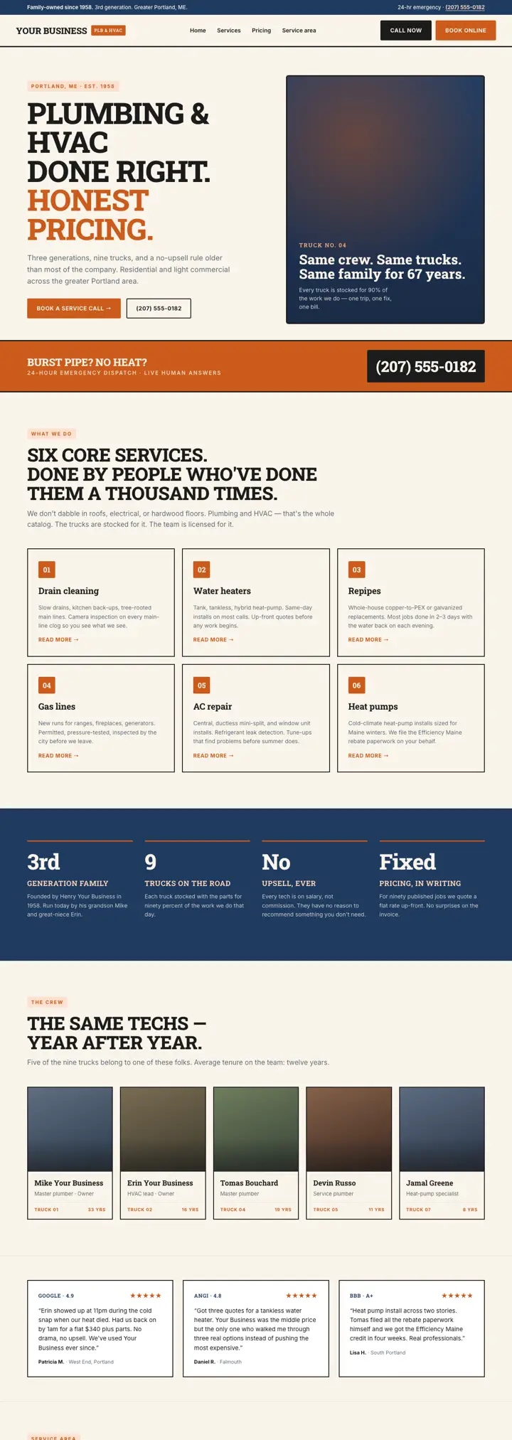 Plumbing + HVAC website template from the DesignSnipe shop, full page