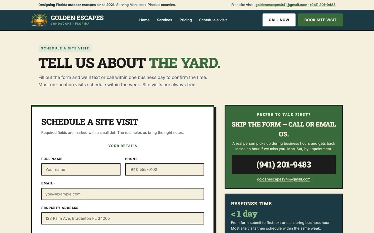 Golden Escapes: Book a site visit page