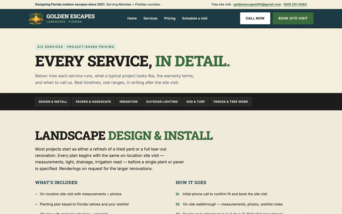 Golden Escapes: Services in detail page