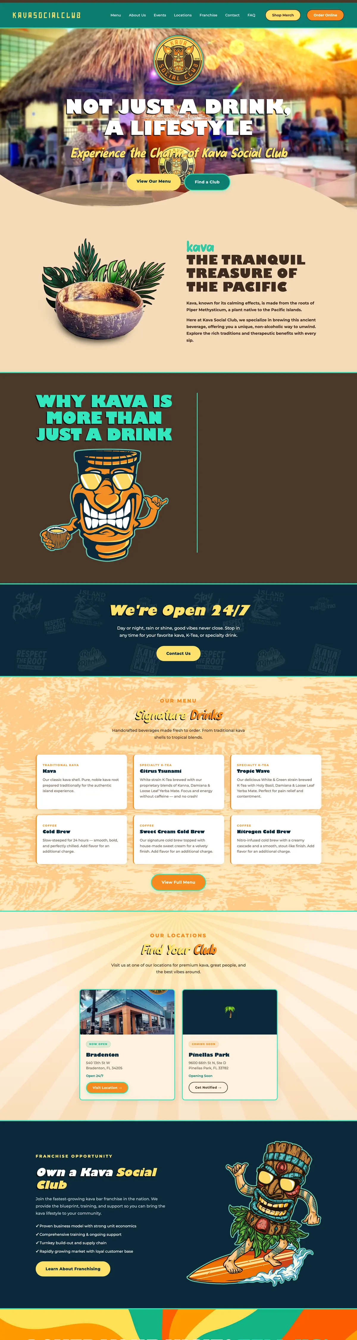 Kava Social Club website, full page